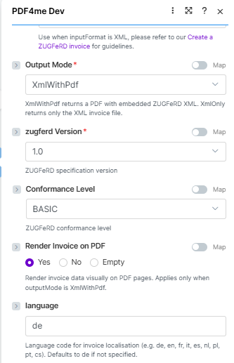 Make Create a ZUGFeRD invoice Output Mode XmlWithPdf, zugferd Version 1.0, Conformance Level BASIC, Render Invoice on PDF Yes, and language de